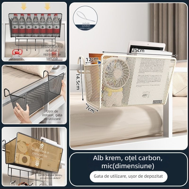 Raft metalic pentru lângă pat cu cârlige - portabil, demontabil, fără montaj, stil minimalist, 1 nivel, din oțel carbon