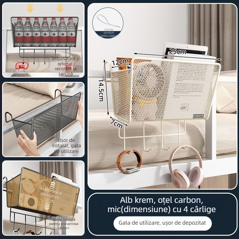 Raft metalic pentru lângă pat cu cârlige - portabil, demontabil, fără montaj, stil minimalist, 1 nivel, din oțel carbon