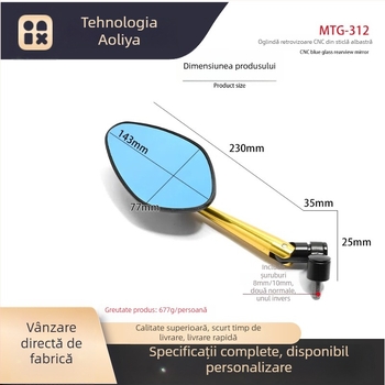 Oglindă retrovizoare pentru motocicletă - aliaj de aluminiu, turnare CNC, model OLIA-312, montaj universal, pentru naveta zilnică
