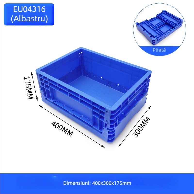 Cutie plastică pliabilă pentru depozitare și transport; pereți groși 2–8 mm; capacitate de încărcare 20–120 kg; turnare prin injecție; înaltă rezistență.