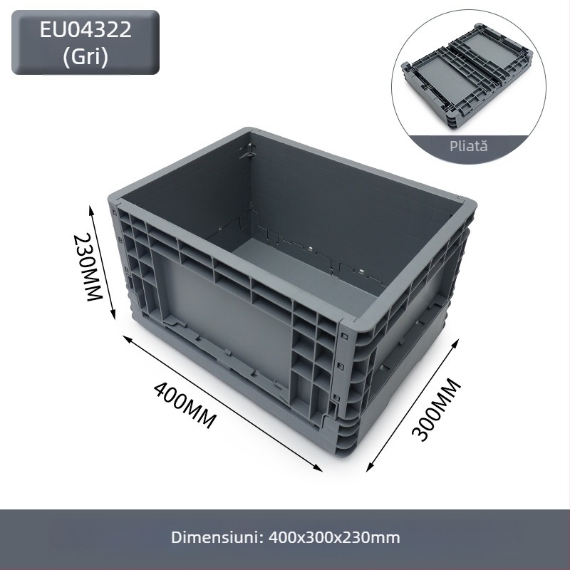 Cutie plastică pliabilă pentru depozitare și transport; pereți groși 2–8 mm; capacitate de încărcare 20–120 kg; turnare prin injecție; înaltă rezistență.