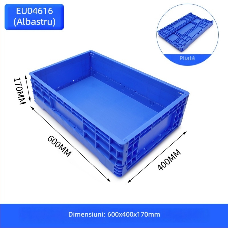 Cutie plastică pliabilă pentru depozitare și transport; pereți groși 2–8 mm; capacitate de încărcare 20–120 kg; turnare prin injecție; înaltă rezistență.