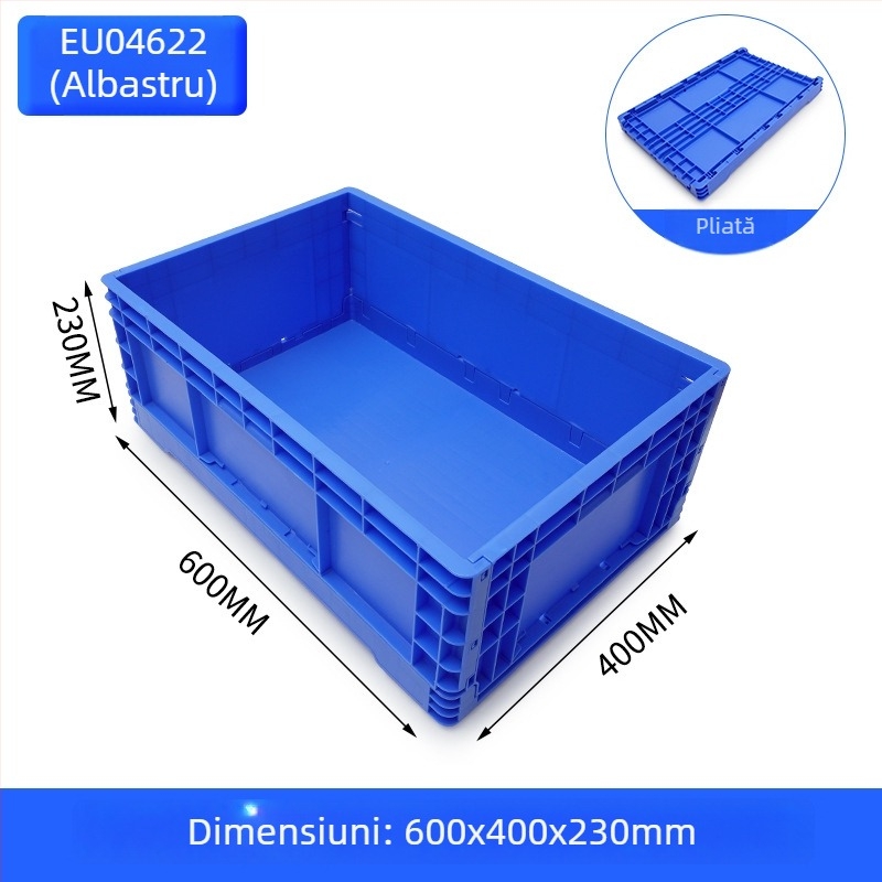 Cutie plastică pliabilă pentru depozitare și transport; pereți groși 2–8 mm; capacitate de încărcare 20–120 kg; turnare prin injecție; înaltă rezistență.