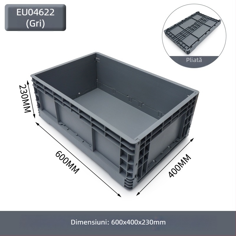 Cutie plastică pliabilă pentru depozitare și transport; pereți groși 2–8 mm; capacitate de încărcare 20–120 kg; turnare prin injecție; înaltă rezistență.