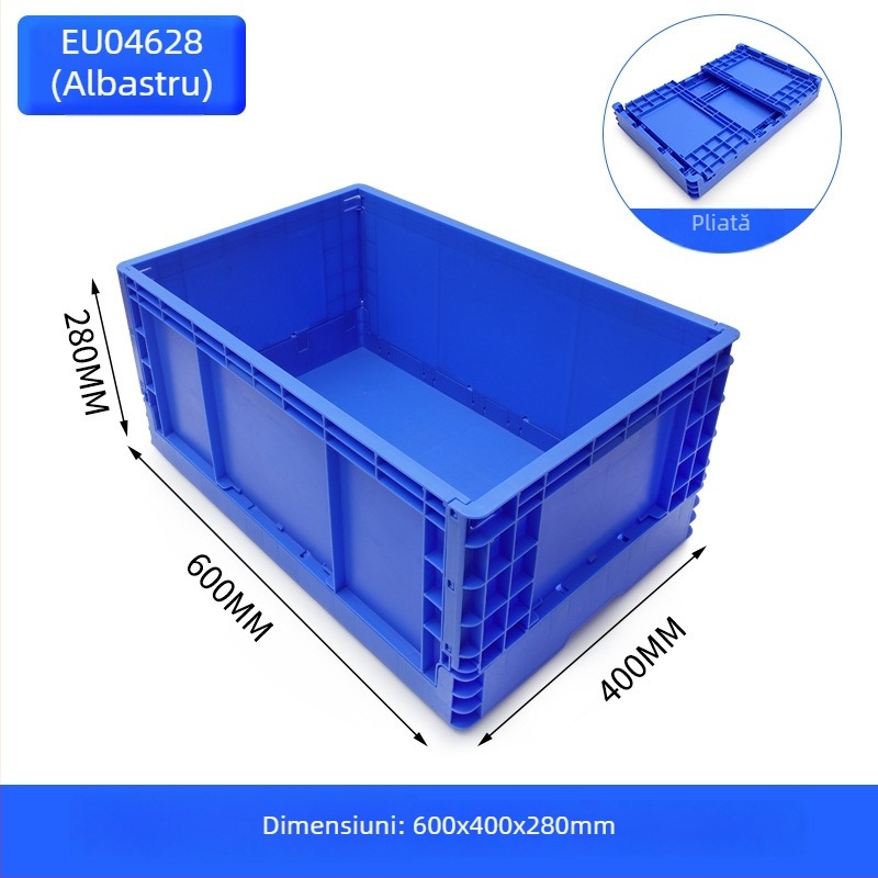 Cutie plastică pliabilă pentru depozitare și transport; pereți groși 2–8 mm; capacitate de încărcare 20–120 kg; turnare prin injecție; înaltă rezistență.