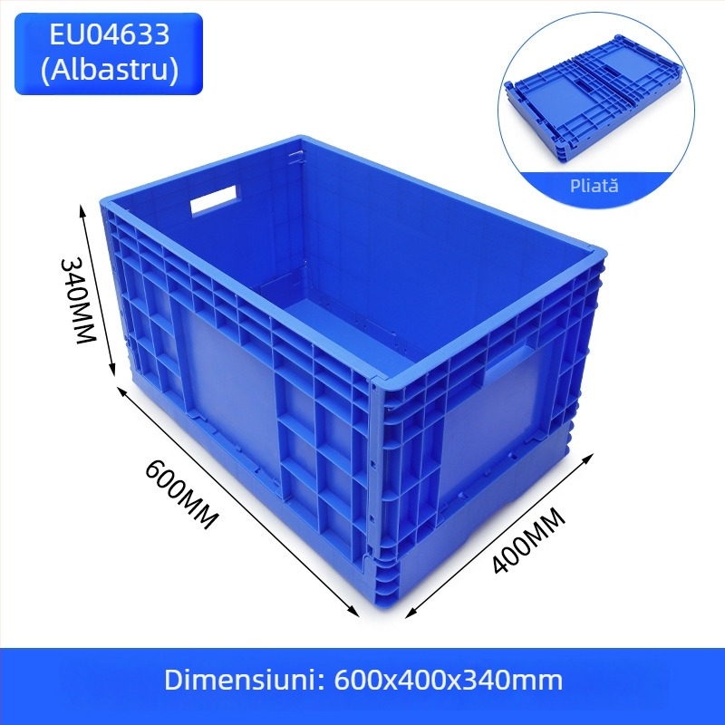 Cutie plastică pliabilă pentru depozitare și transport; pereți groși 2–8 mm; capacitate de încărcare 20–120 kg; turnare prin injecție; înaltă rezistență.