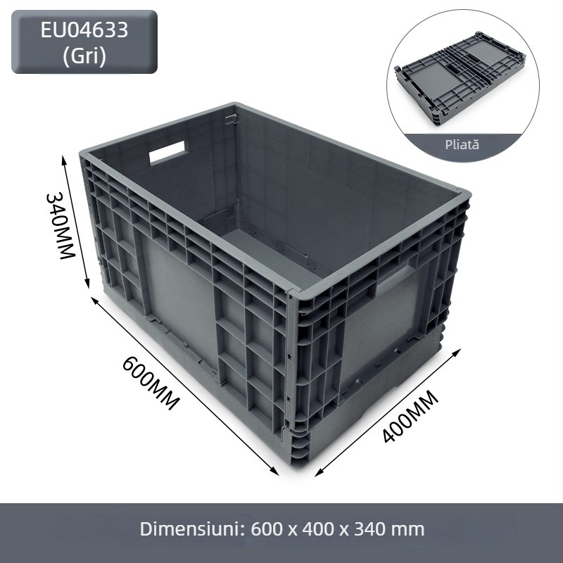 Cutie plastică pliabilă pentru depozitare și transport; pereți groși 2–8 mm; capacitate de încărcare 20–120 kg; turnare prin injecție; înaltă rezistență.