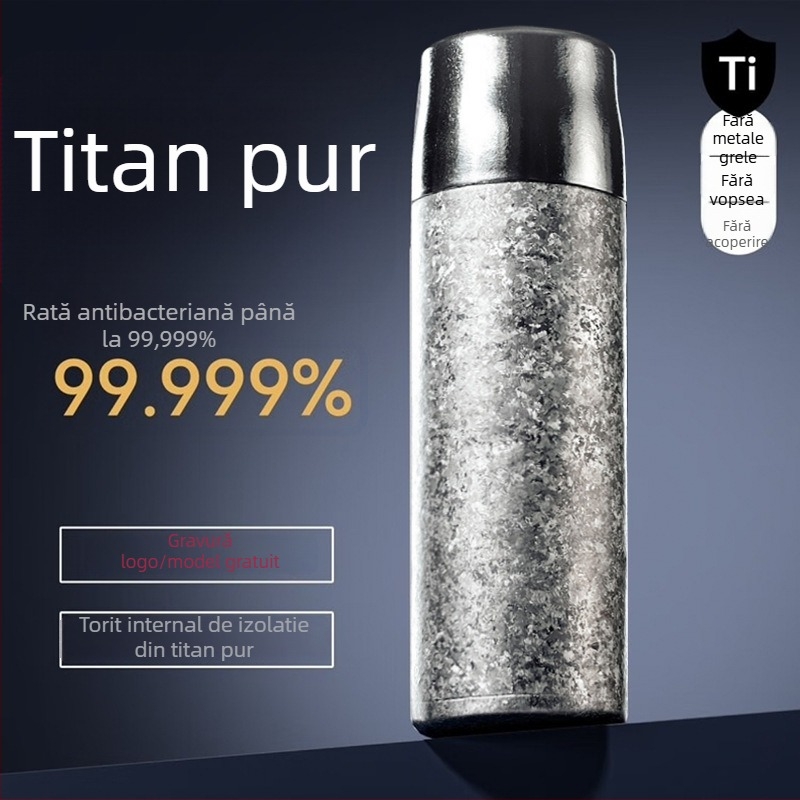 Ceainic termos din titan cu pereți dubli, izolație vid 6–12 ore, personalizare logo prin gravare laser sau imprimare 3D, separare ceai-apă, interior și carcasă din titan