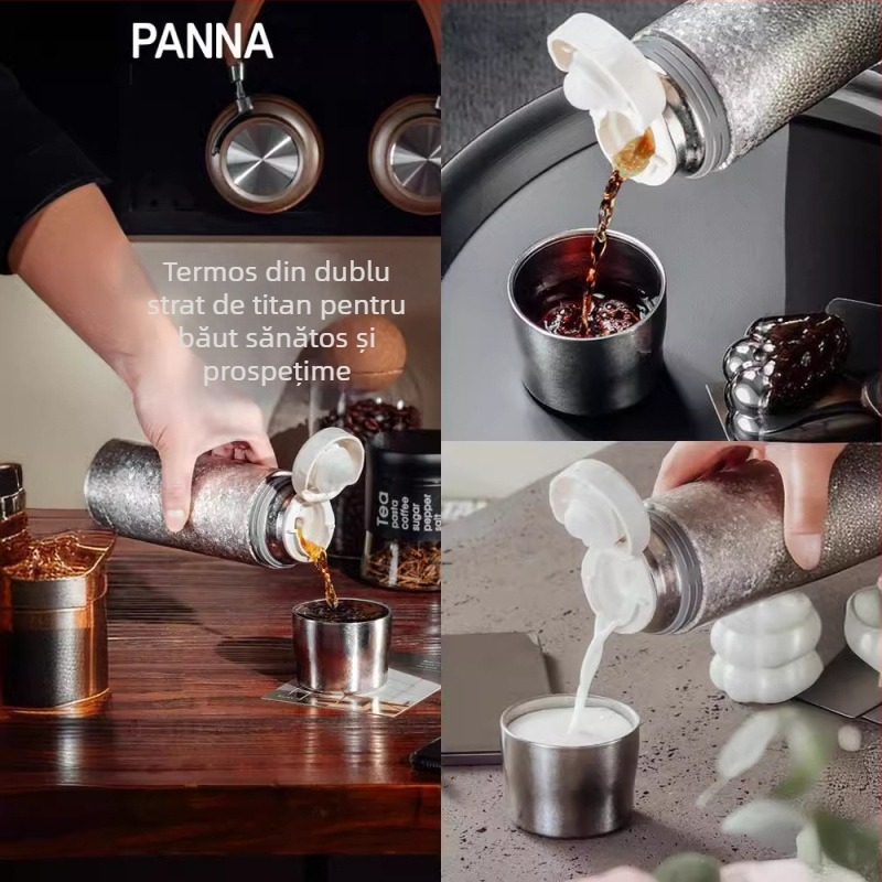 Ceainic termos din titan cu pereți dubli, izolație vid 6–12 ore, personalizare logo prin gravare laser sau imprimare 3D, separare ceai-apă, interior și carcasă din titan
