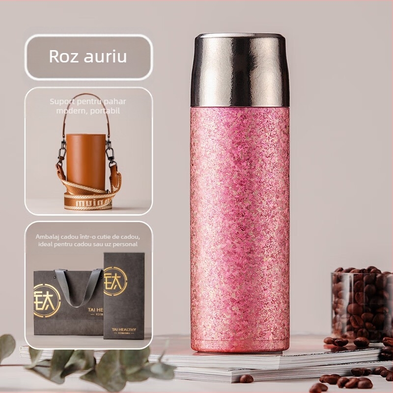 Ceainic termos din titan cu pereți dubli, izolație vid 6–12 ore, personalizare logo prin gravare laser sau imprimare 3D, separare ceai-apă, interior și carcasă din titan