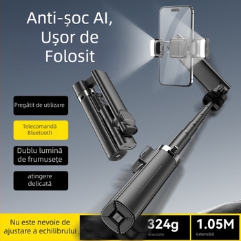 Selfie stick Bluetooth cu stabilizator, retractabil, pop-up cu un singur click, aliaj de aluminiu, iluminare de completare