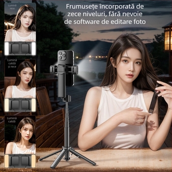 Selfie stick Bluetooth cu stabilizator, retractabil, pop-up cu un singur click, aliaj de aluminiu, iluminare de completare