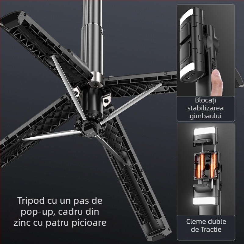 Selfie stick Bluetooth cu stabilizator, retractabil, pop-up cu un singur click, aliaj de aluminiu, iluminare de completare