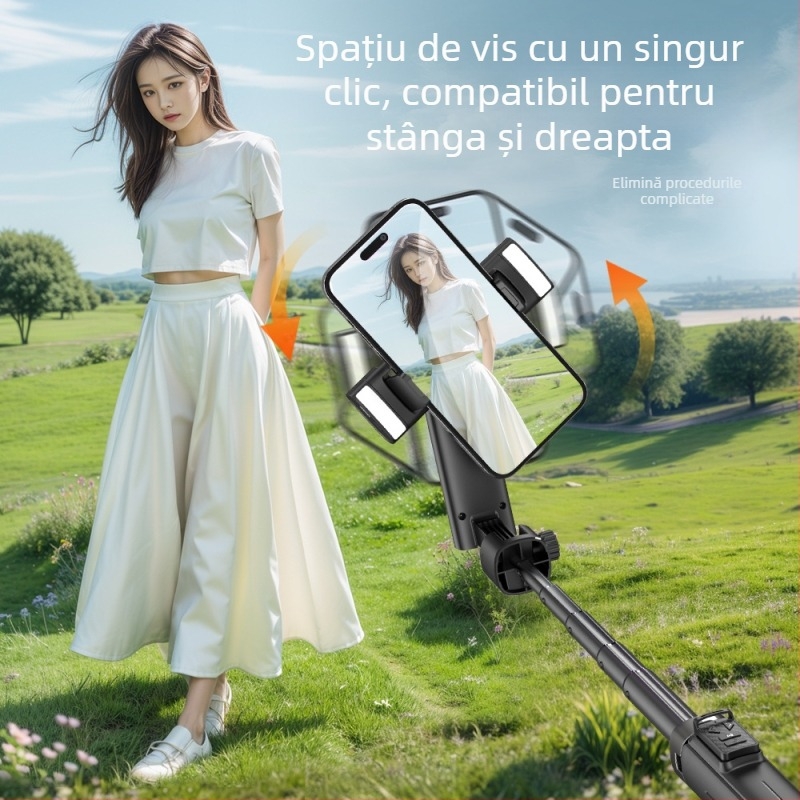 Selfie stick Bluetooth cu stabilizator, retractabil, pop-up cu un singur click, aliaj de aluminiu, iluminare de completare