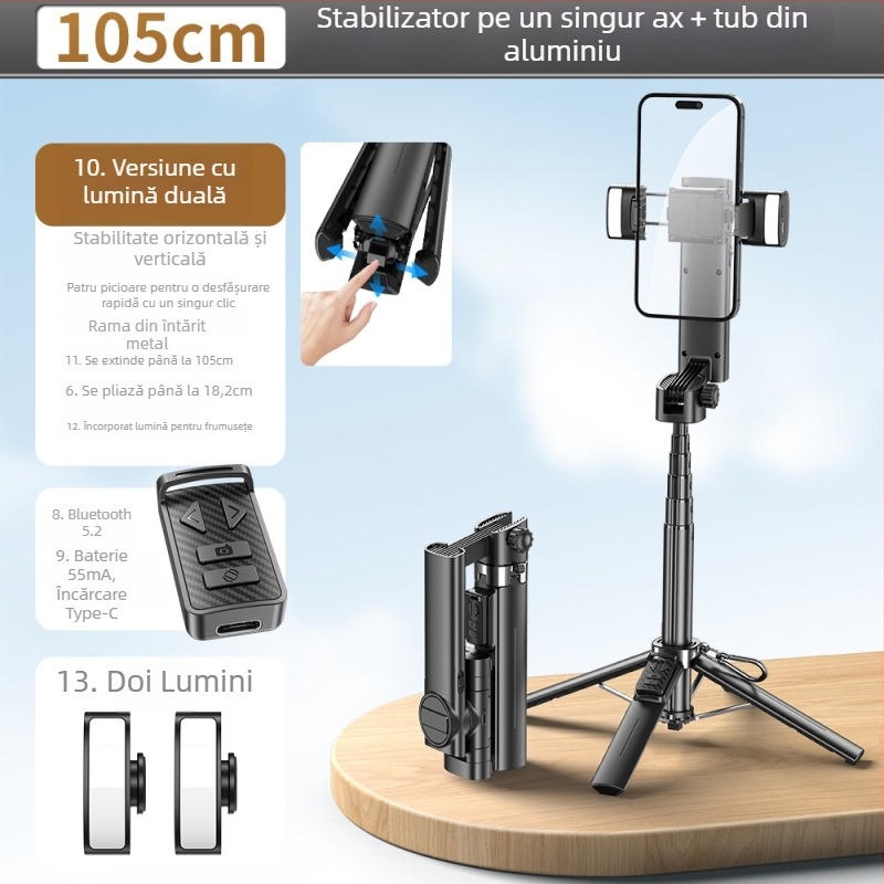 Selfie stick Bluetooth cu stabilizator, retractabil, pop-up cu un singur click, aliaj de aluminiu, iluminare de completare