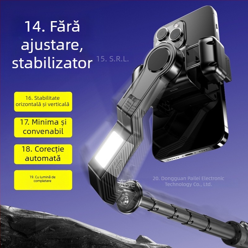 Selfie stick Bluetooth cu stabilizator, retractabil, pop-up cu un singur click, aliaj de aluminiu, iluminare de completare