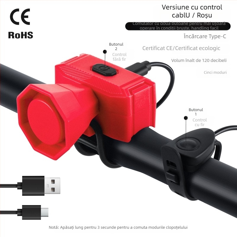 West Rider Claxon Bicicletă Electric, Reîncărcabil, Sunet Puternic, ABS, Bicicletă de Munte, Model Yp 0706070-071