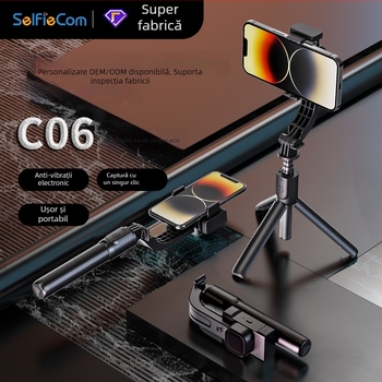 Selfiecom C06 stabilizator cu ax unic, trepied, telecomandă Bluetooth, lumină magnetică de umplere și gimbal pan-tilt pentru telefon pentru transmisiuni în direct