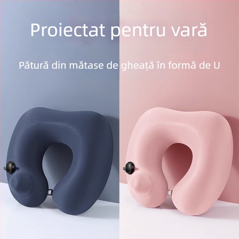 Pernă de călătorie în formă U, cu umflare prin apăsare, portabilă, PVC