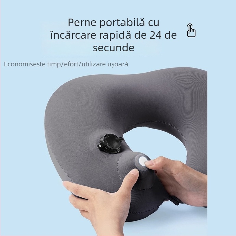 Pernă de călătorie în formă U, cu umflare prin apăsare, portabilă, PVC