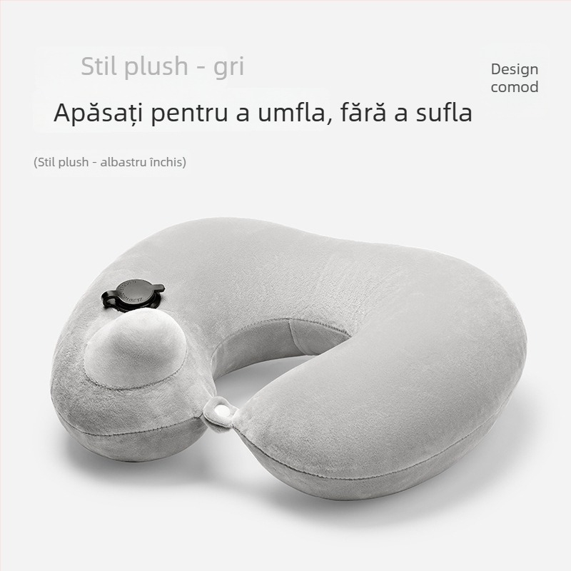 Pernă de călătorie în formă U, cu umflare prin apăsare, portabilă, PVC