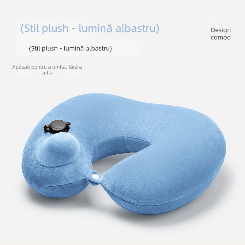 Pernă de călătorie în formă U, cu umflare prin apăsare, portabilă, PVC