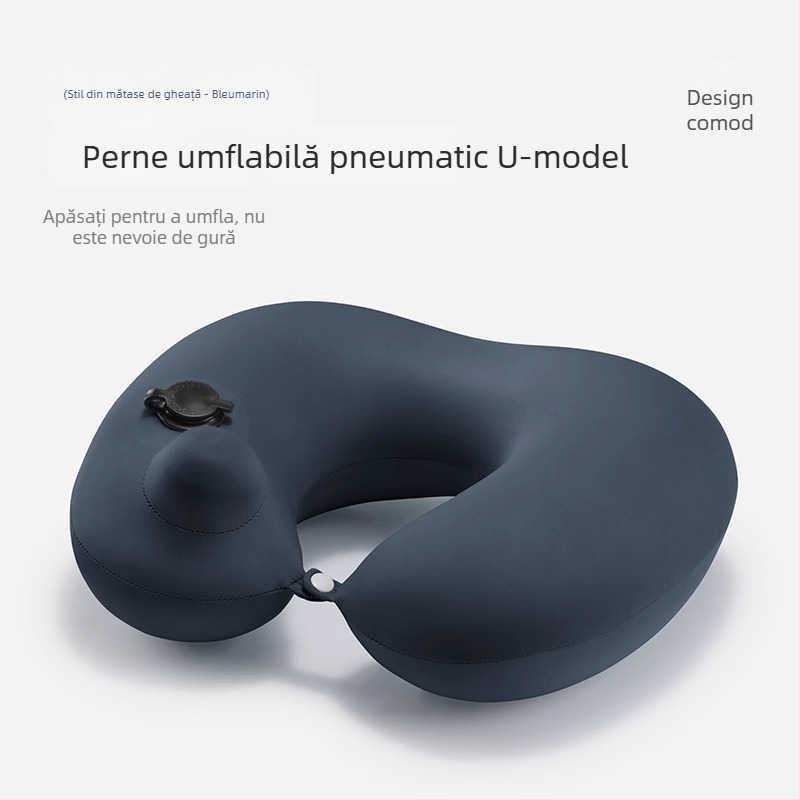 Pernă de călătorie în formă U, cu umflare prin apăsare, portabilă, PVC