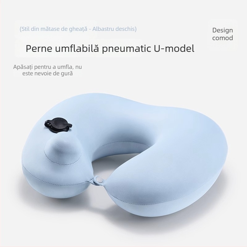 Pernă de călătorie în formă U, cu umflare prin apăsare, portabilă, PVC