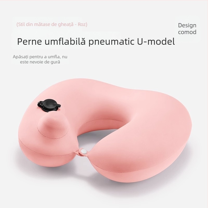 Pernă de călătorie în formă U, cu umflare prin apăsare, portabilă, PVC
