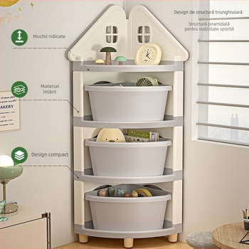 Raft de depozitare pentru jucării, colț, 4 etaje, staționar pe podea, PP plastic, stil desen animat