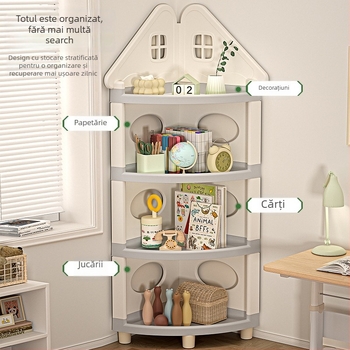 Raft de depozitare pentru jucării, colț, 4 etaje, staționar pe podea, PP plastic, stil desen animat