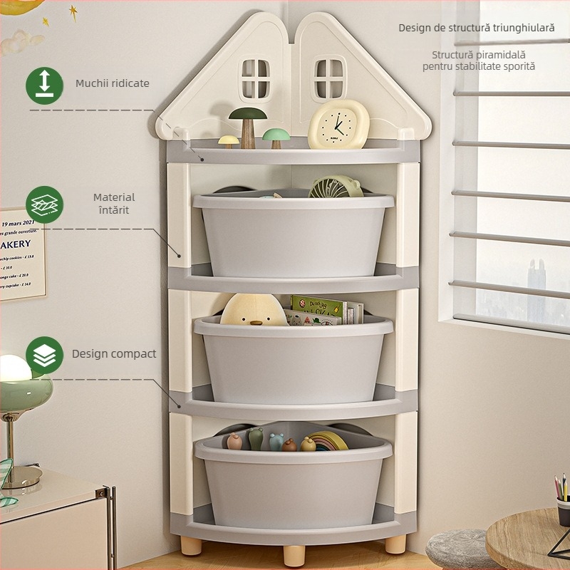 Raft de depozitare pentru jucării, colț, 4 etaje, staționar pe podea, PP plastic, stil desen animat