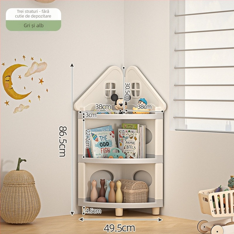 Raft de depozitare pentru jucării, colț, 4 etaje, staționar pe podea, PP plastic, stil desen animat