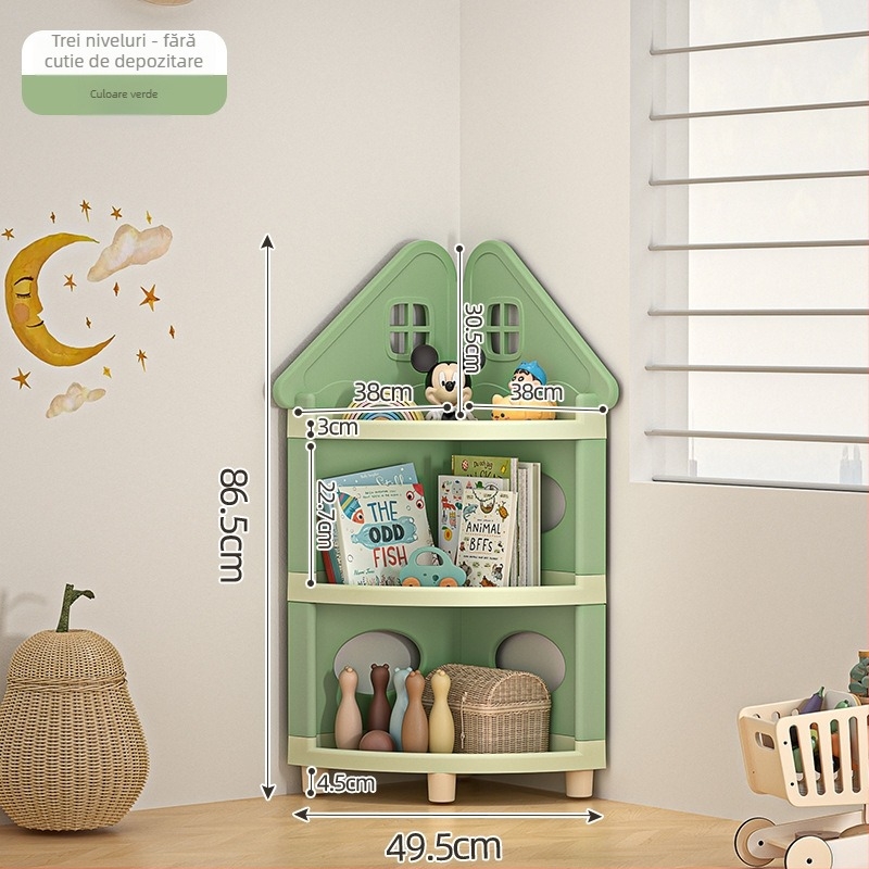 Raft de depozitare pentru jucării, colț, 4 etaje, staționar pe podea, PP plastic, stil desen animat