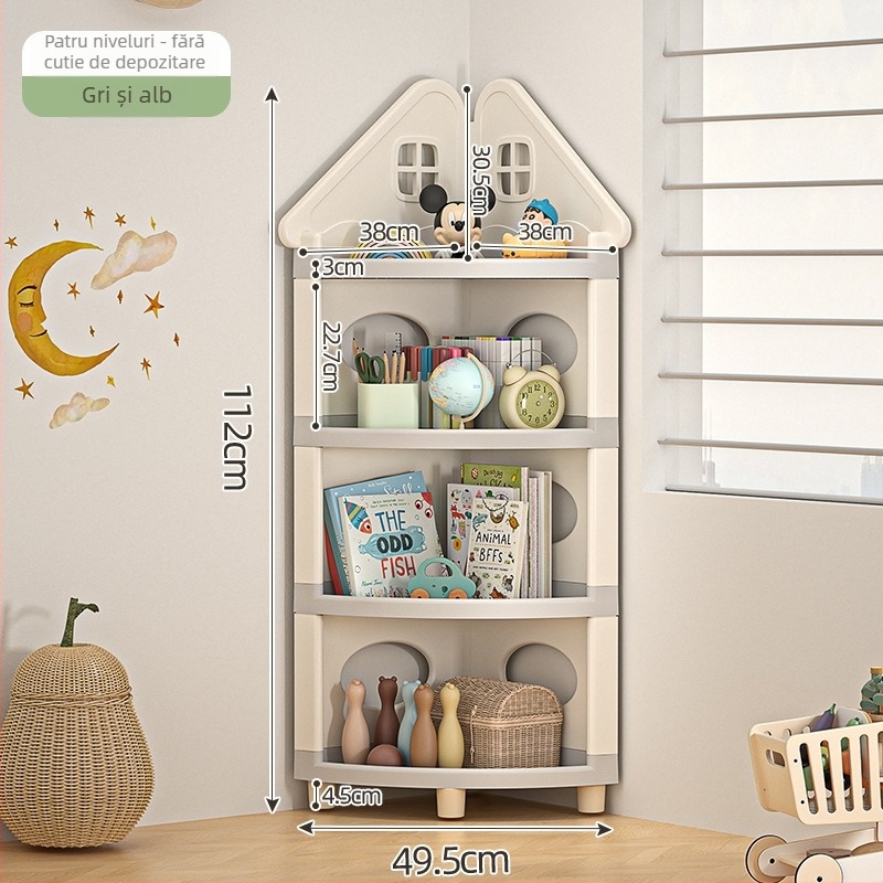 Raft de depozitare pentru jucării, colț, 4 etaje, staționar pe podea, PP plastic, stil desen animat