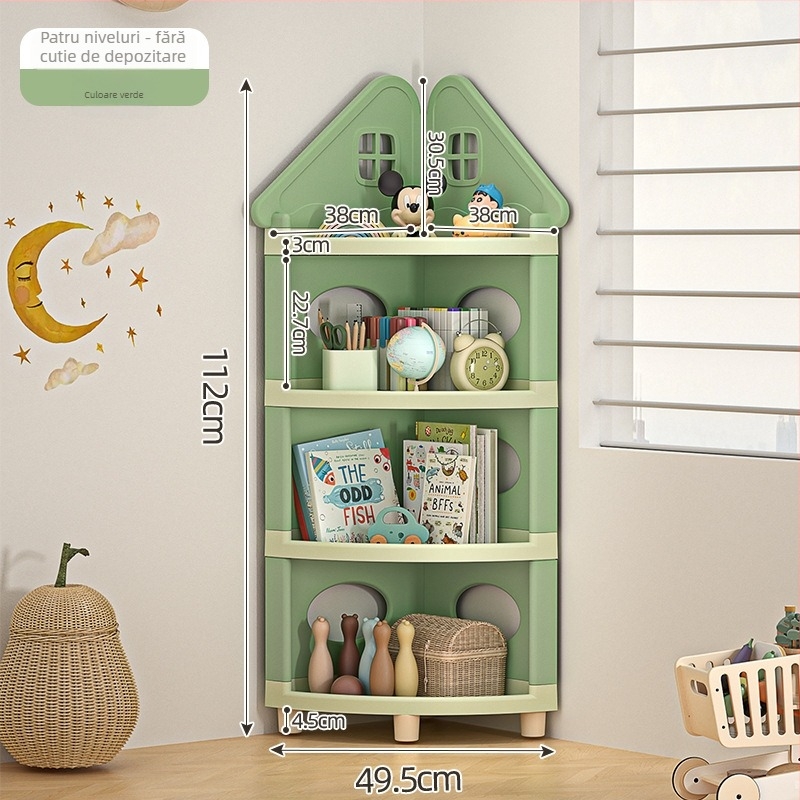 Raft de depozitare pentru jucării, colț, 4 etaje, staționar pe podea, PP plastic, stil desen animat
