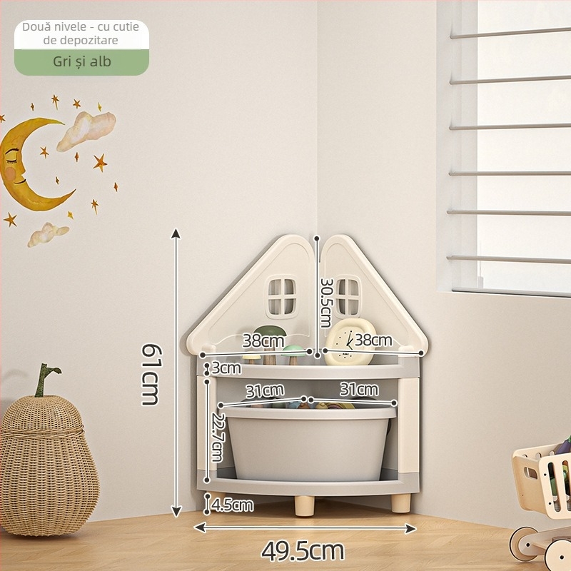 Raft de depozitare pentru jucării, colț, 4 etaje, staționar pe podea, PP plastic, stil desen animat