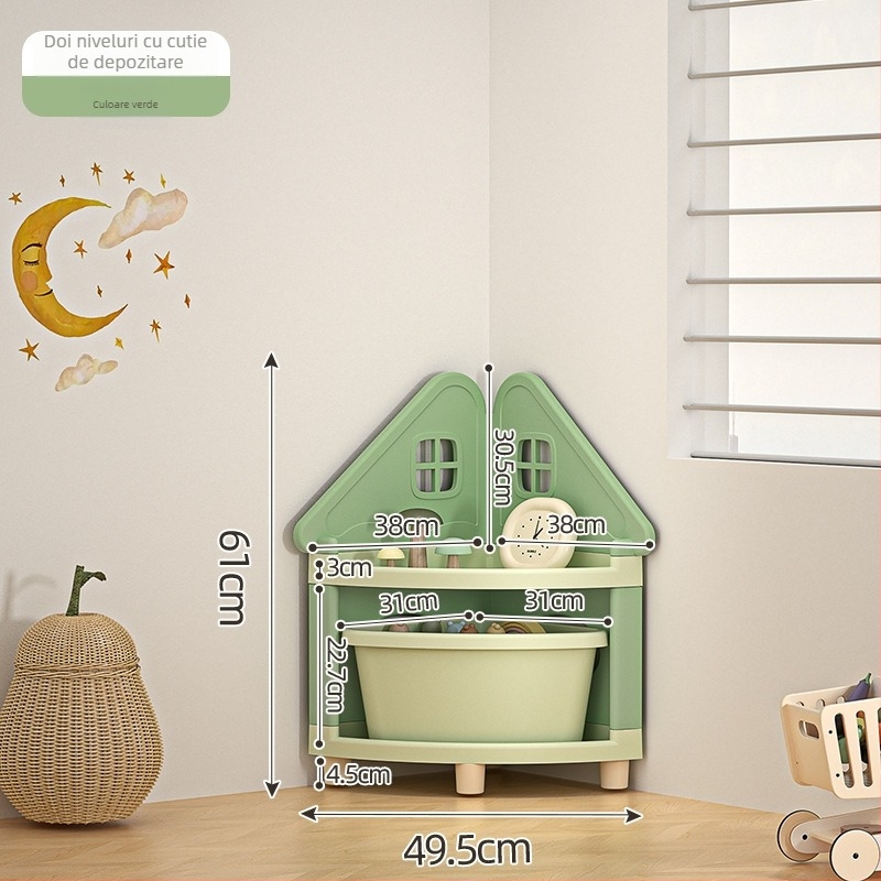 Raft de depozitare pentru jucării, colț, 4 etaje, staționar pe podea, PP plastic, stil desen animat