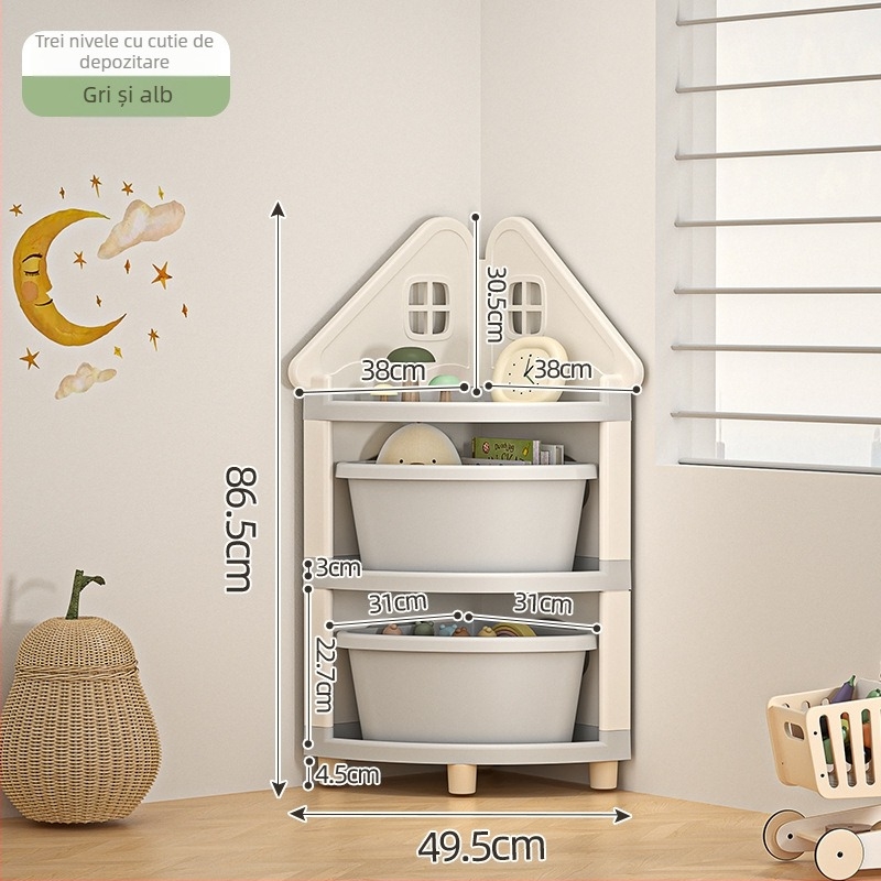Raft de depozitare pentru jucării, colț, 4 etaje, staționar pe podea, PP plastic, stil desen animat