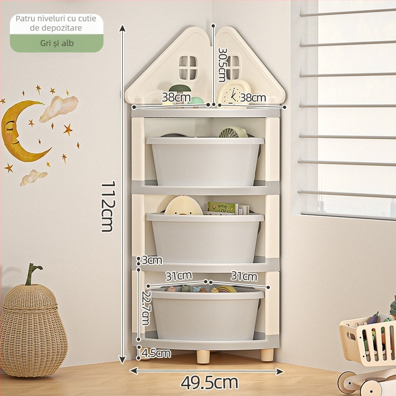 Raft de depozitare pentru jucării, colț, 4 etaje, staționar pe podea, PP plastic, stil desen animat