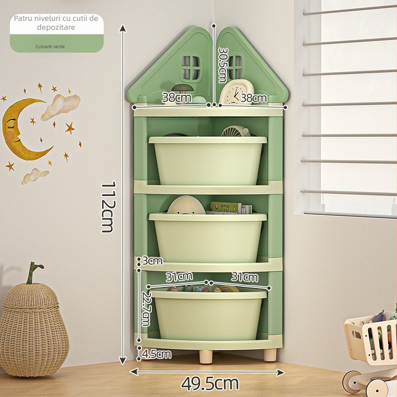 Raft de depozitare pentru jucării, colț, 4 etaje, staționar pe podea, PP plastic, stil desen animat