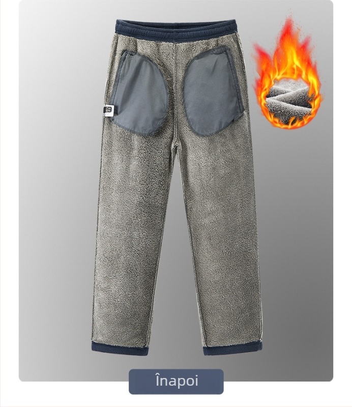 Pantaloni bărbați căptușiți cu fleece, croială dreaptă, talie înaltă, pentru iarnă, țesătură din fibre de bambus, microelastic