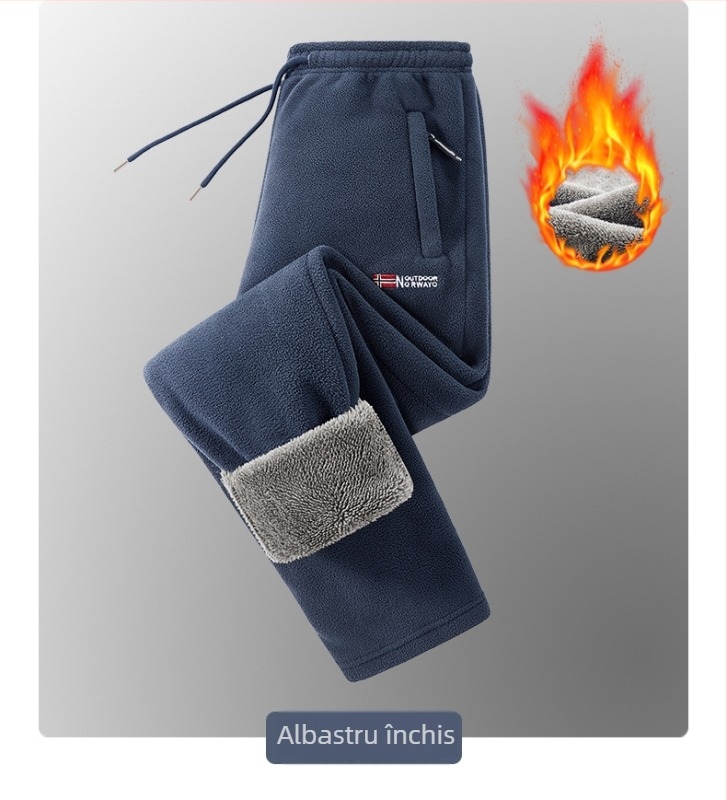 Pantaloni bărbați căptușiți cu fleece, croială dreaptă, talie înaltă, pentru iarnă, țesătură din fibre de bambus, microelastic