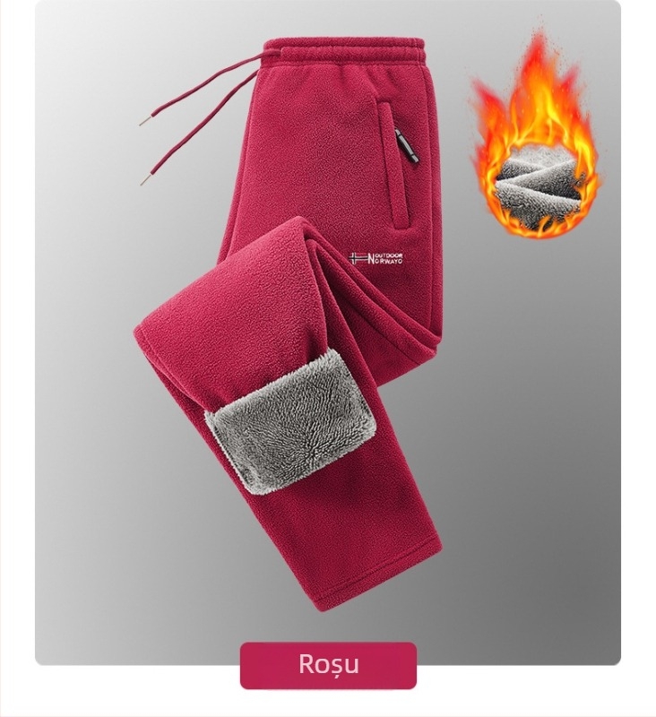 Pantaloni bărbați căptușiți cu fleece, croială dreaptă, talie înaltă, pentru iarnă, țesătură din fibre de bambus, microelastic