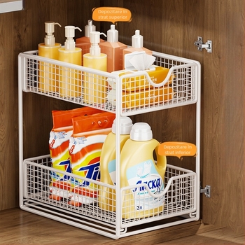 Raft de depozitare pentru chiuveta din baie, din fier, 3 etaje, glisant, montaj pe blat, stil simplu și modern