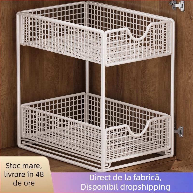 Raft de depozitare pentru chiuveta din baie, din fier, 3 etaje, glisant, montaj pe blat, stil simplu și modern