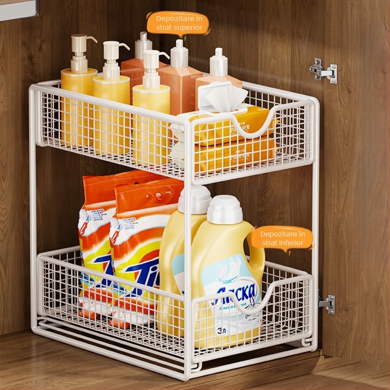 Raft de depozitare pentru chiuveta din baie, din fier, 3 etaje, glisant, montaj pe blat, stil simplu și modern