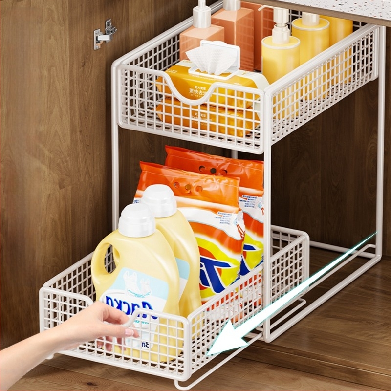 Raft de depozitare pentru chiuveta din baie, din fier, 3 etaje, glisant, montaj pe blat, stil simplu și modern