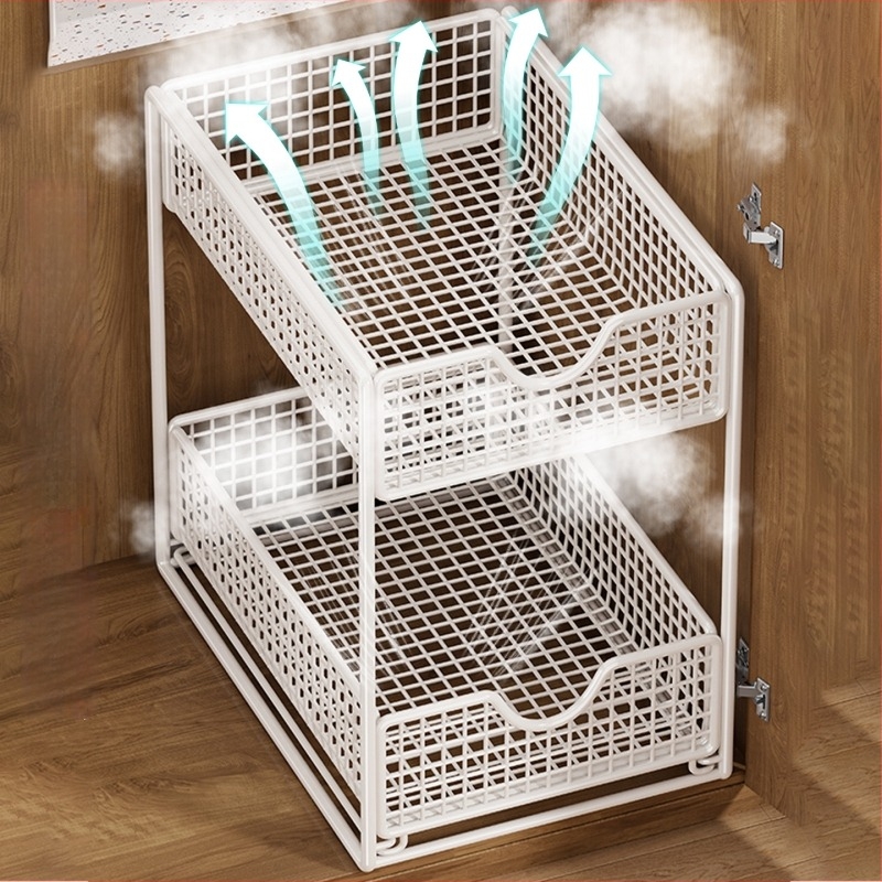 Raft de depozitare pentru chiuveta din baie, din fier, 3 etaje, glisant, montaj pe blat, stil simplu și modern