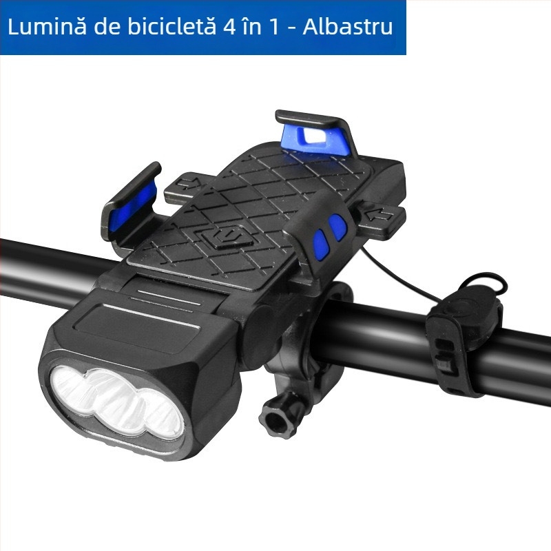 Far frontal pentru bicicletă cu baterie USB, suport pentru telefon, sonerie, lumină de avertizare și lumină spate, impermeabil pentru trasee montane